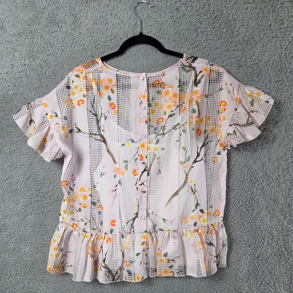 MaxSport Womens Floral Top M Grid Mesh Ruffle Sleeve Hem Boho Cottagecore